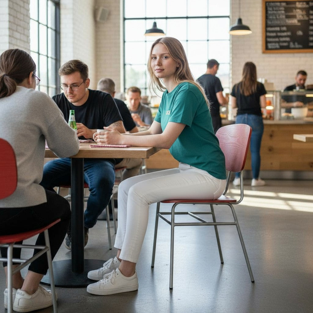 Nieuwe designgroep: Florence kantinestoel van natuurlijk hout, gerenoveerd