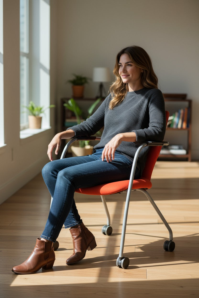 Orangebox: Oranje Bezoekersstoel met zwenkwielen - Gerenoveerd