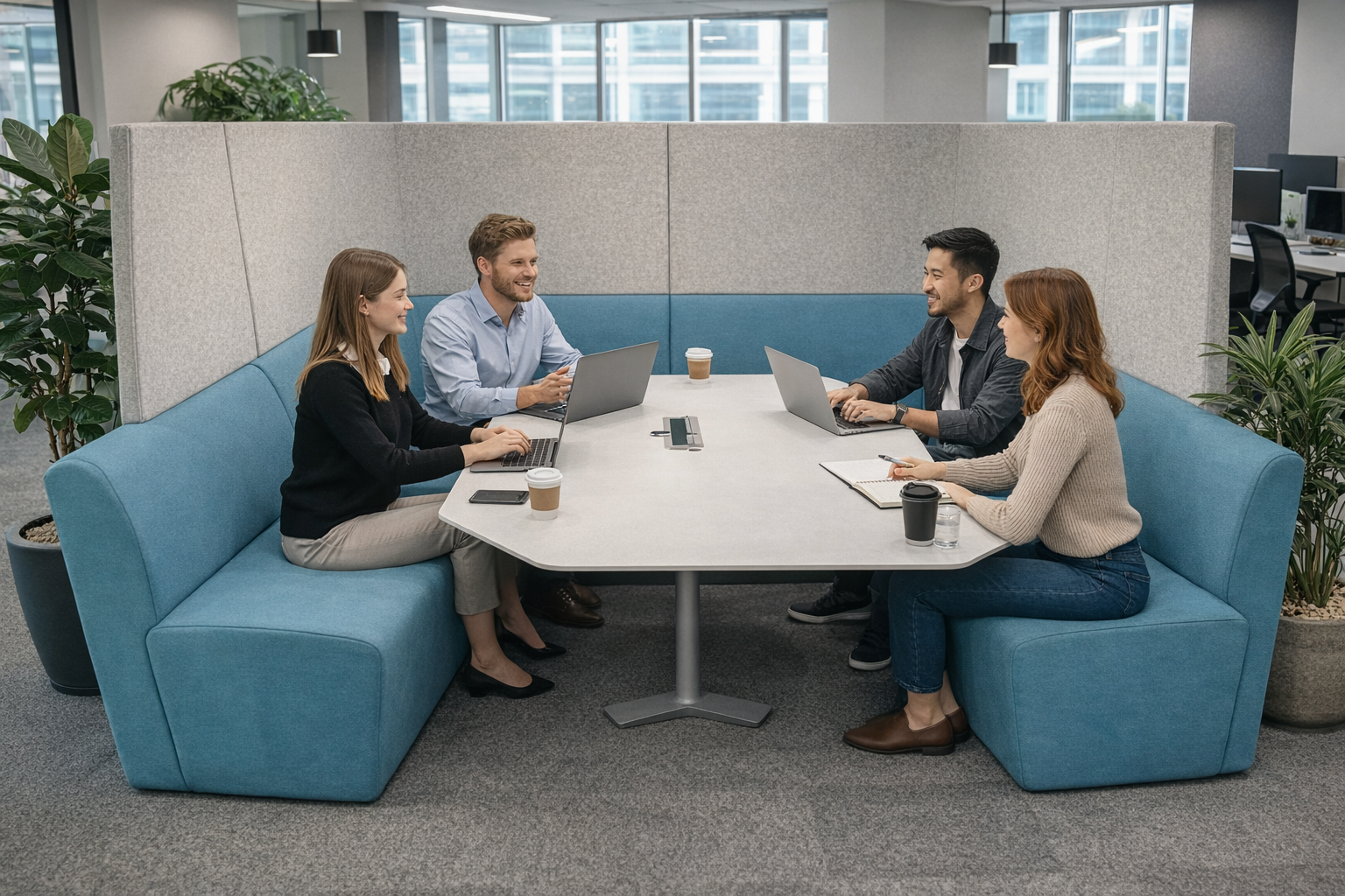 Orangebox: grijs en groenblauw, weg van het bureau (AFTD), gesloten cabine met hoge rugleuning - gerenoveerd