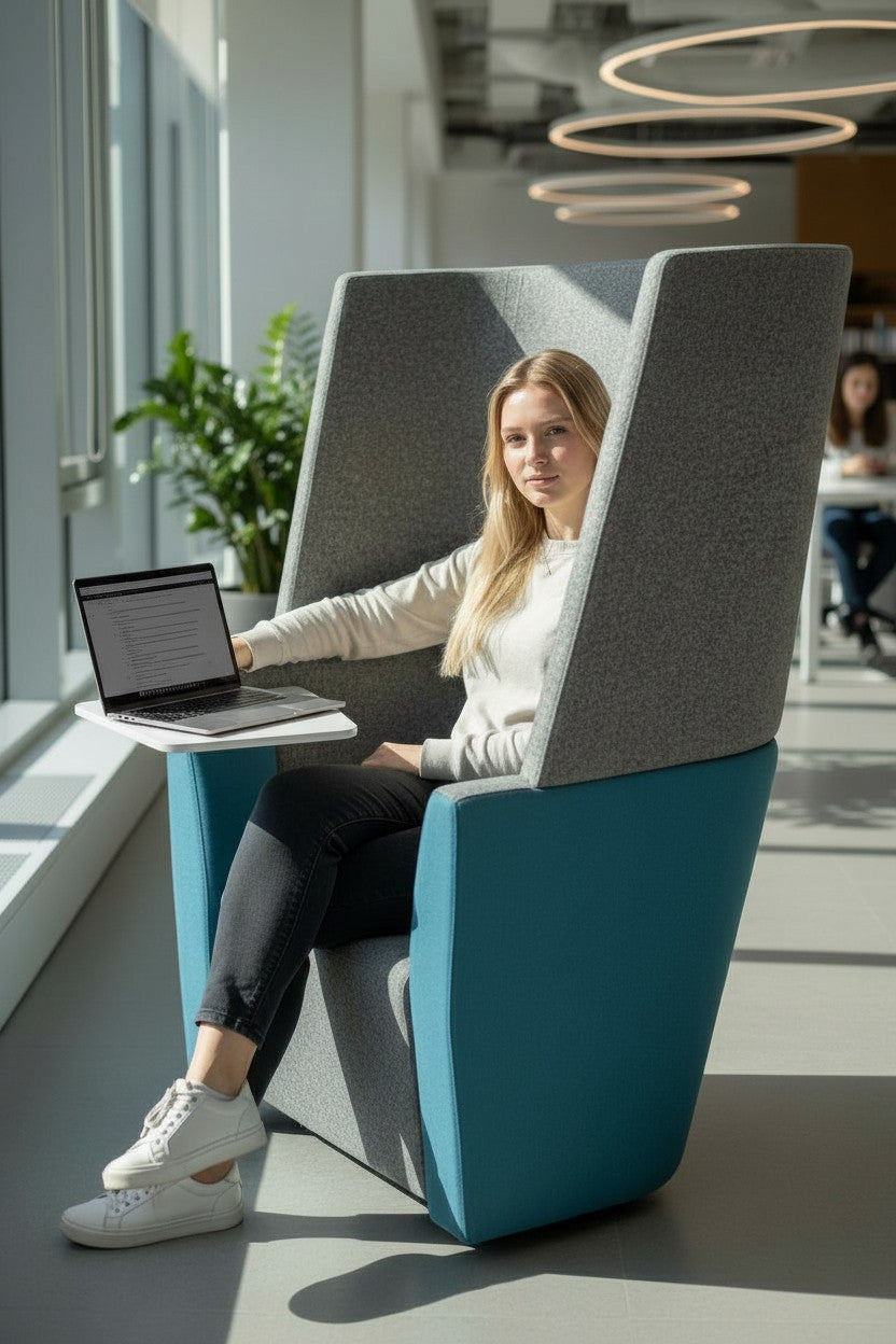 Orangebox: Grijze en donkergroene Away From The Desk (AFTD) bank met hoge rugleuning - Gerenoveerd