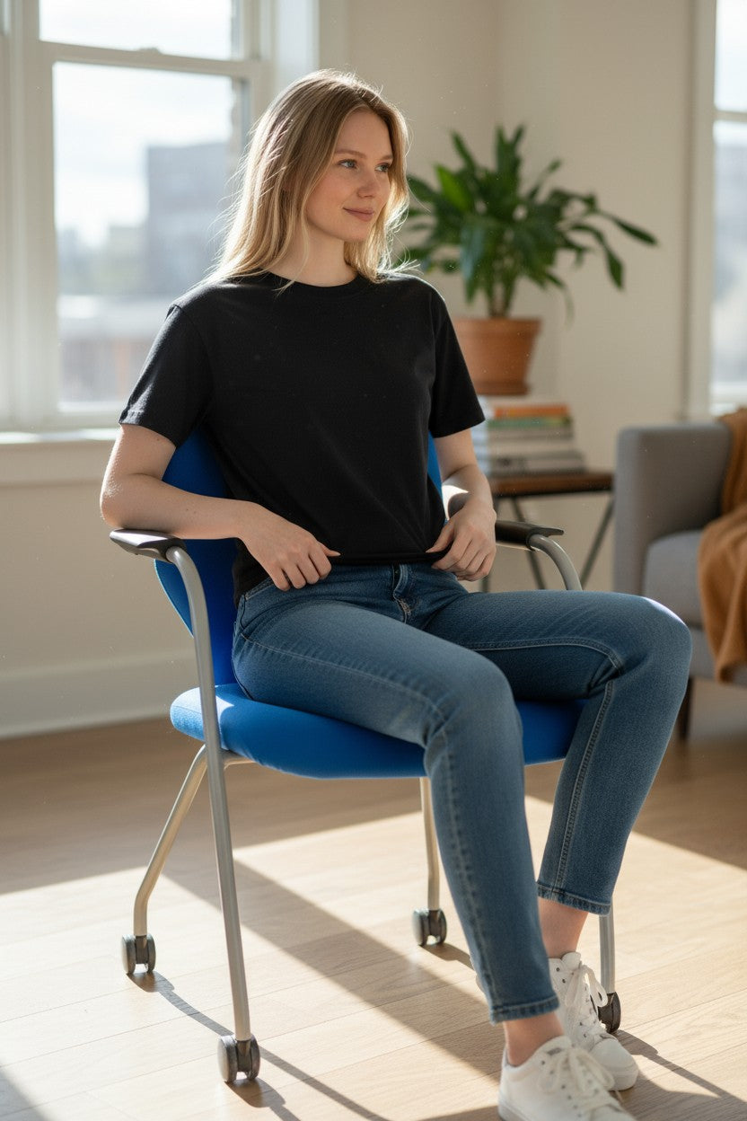 Orangebox: Blauwe bezoekersstoel met wielen - Gerenoveerd